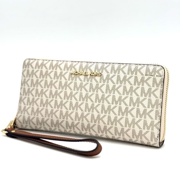 Michael Kors Large Continental Wallet Wristlet Vanilla/Brown - Picture 1 of 9